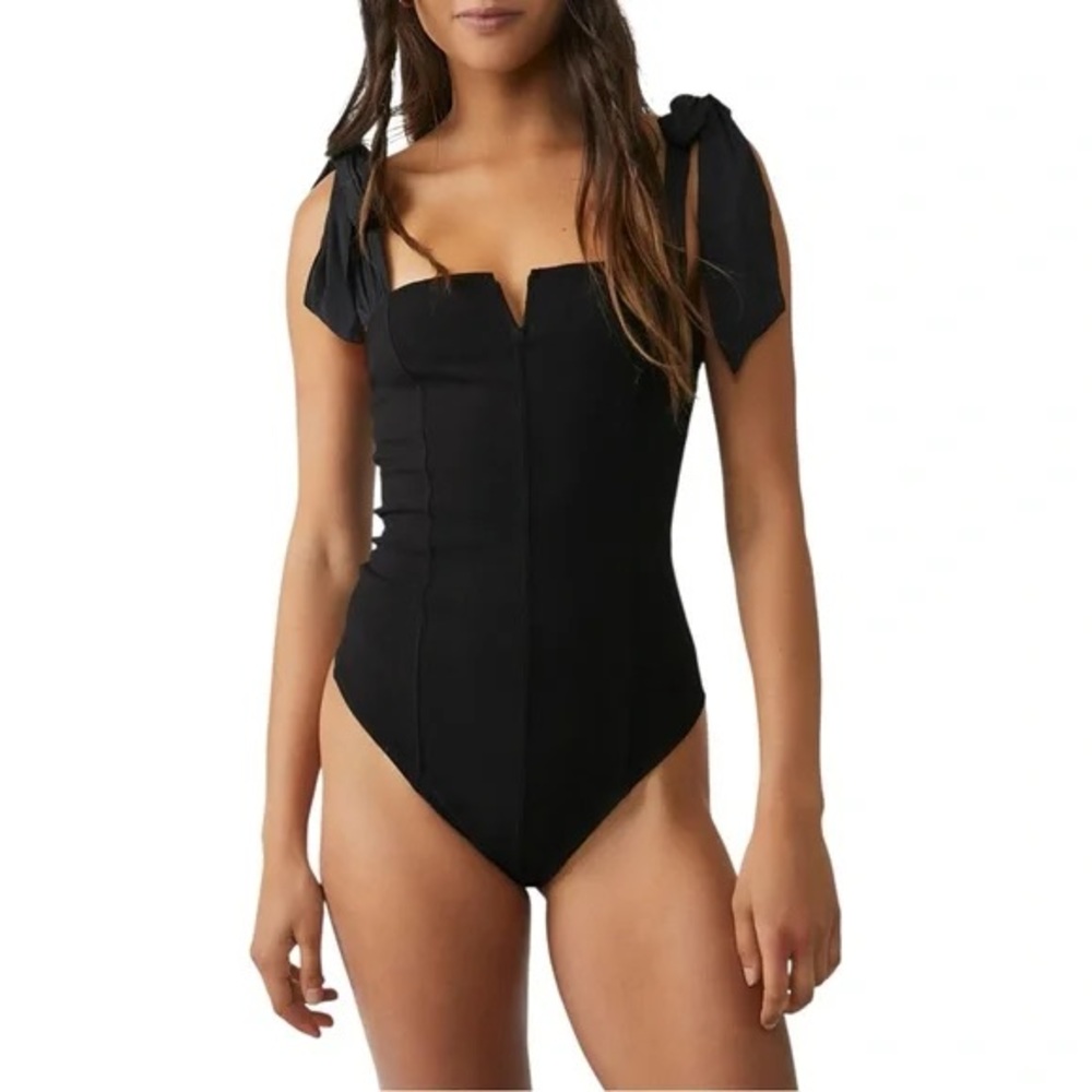 Free People Black Tie-Shoulder Bodysuit